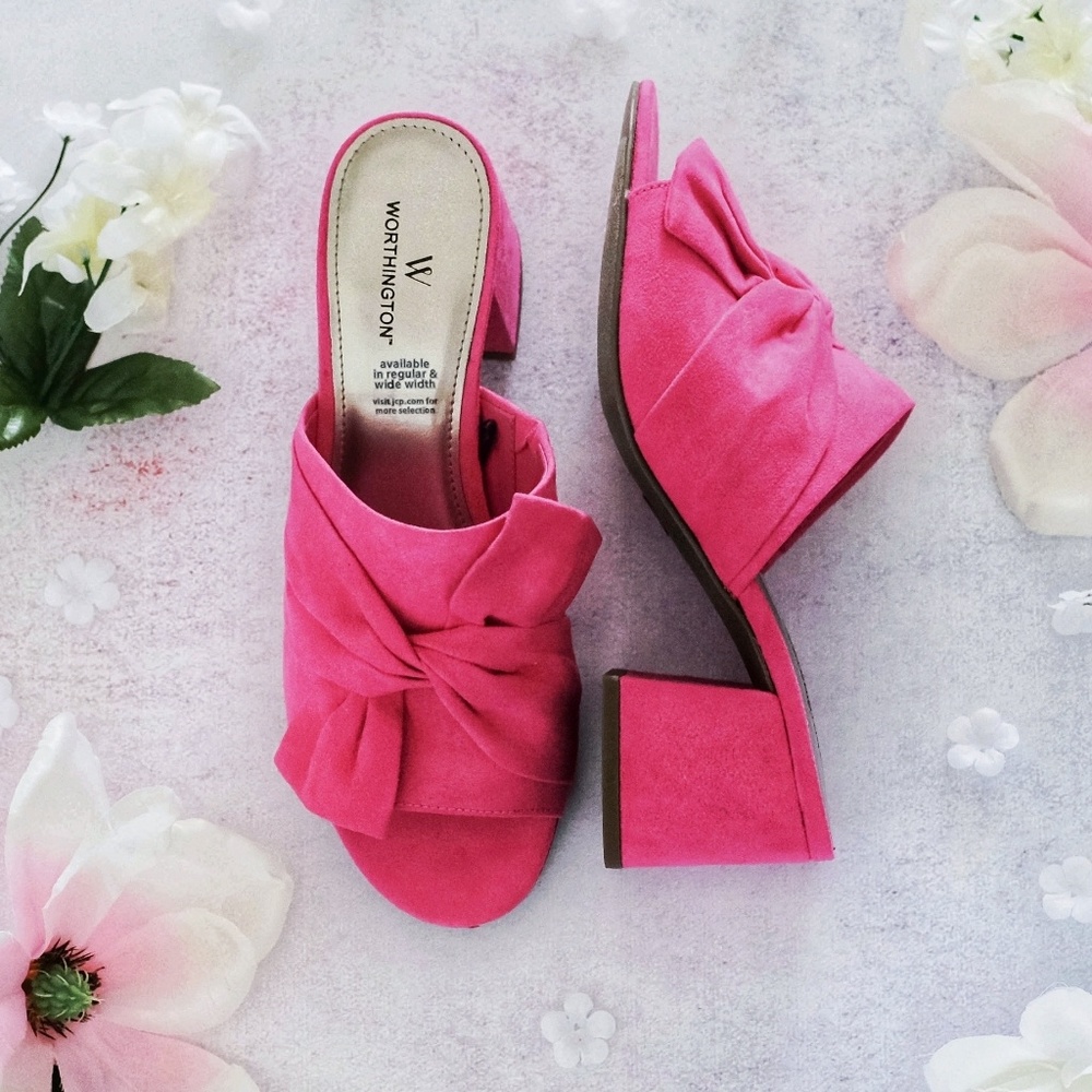 NIB Pink Twisted Bow Slip-On Mule Heels 7M
